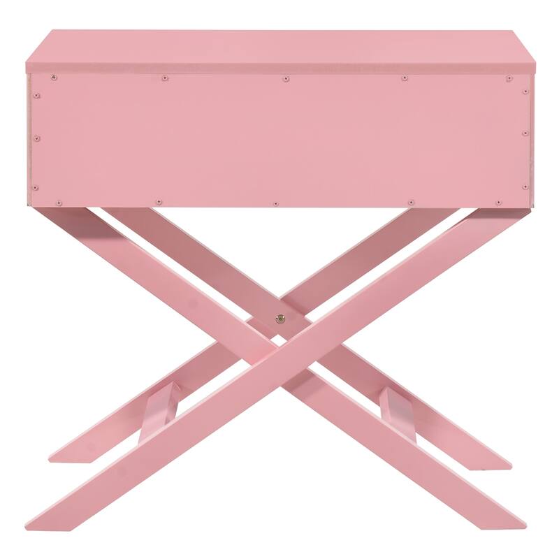 1-Drawer Pink Nightstand with Croc-Textured Drawer and X-Frame Design, 25 Inch Modern Bedside Table