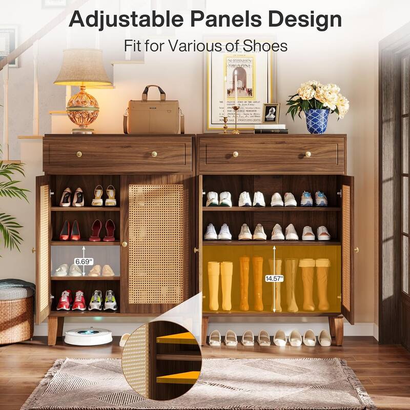 Modern Shoe Cabinet with Doors, Rattan Shoes Storage Cabinet