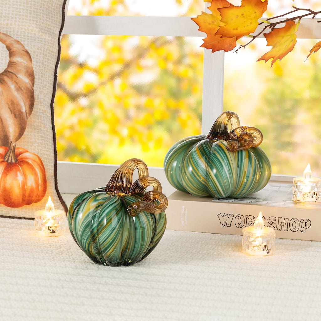 Glitzhome Fall Thanksgiving Multi Brown / Green Striped Glass Pumpkin Gourd