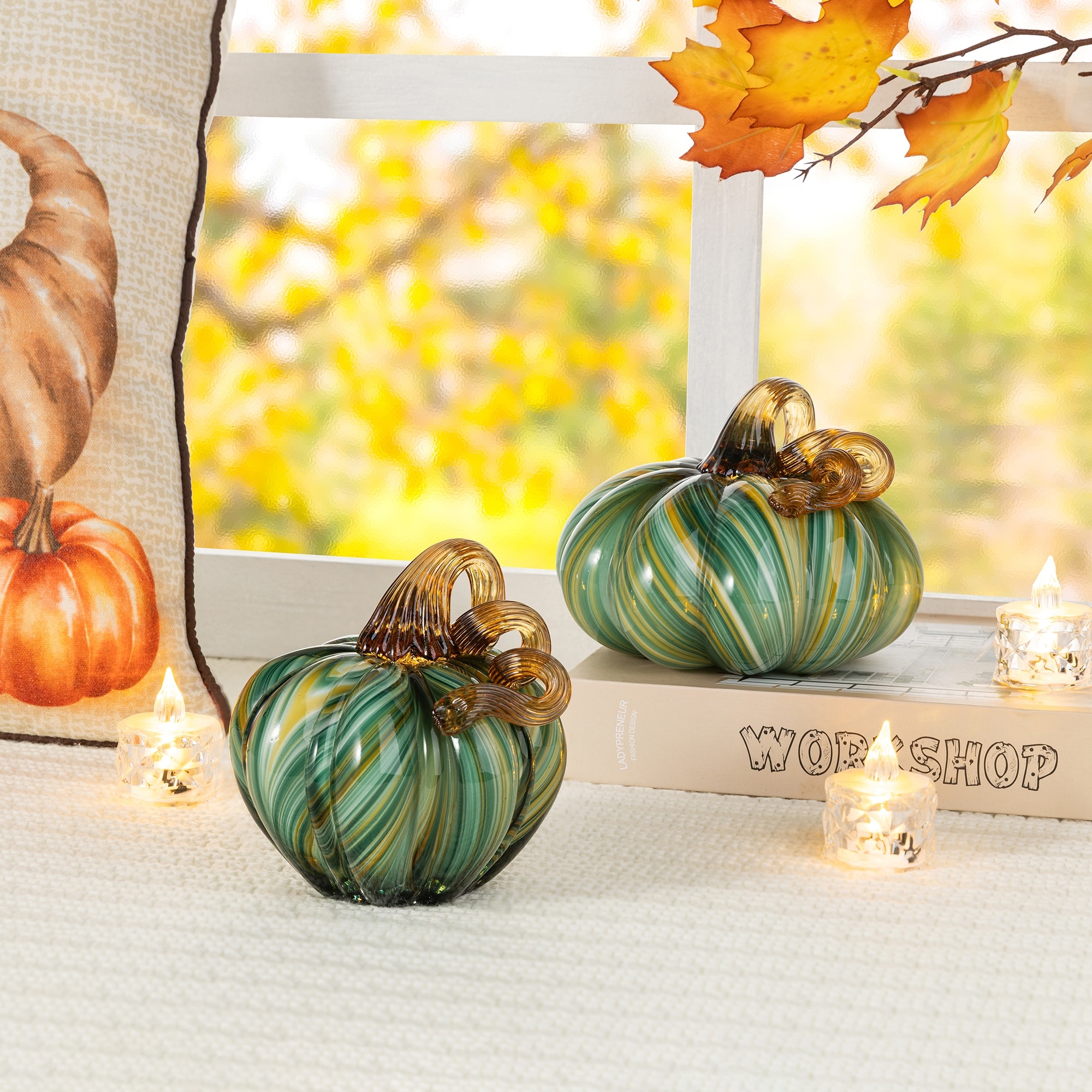 Glitzhome Fall Thanksgiving Multi Brown / Green Striped Glass Pumpkin Gourd