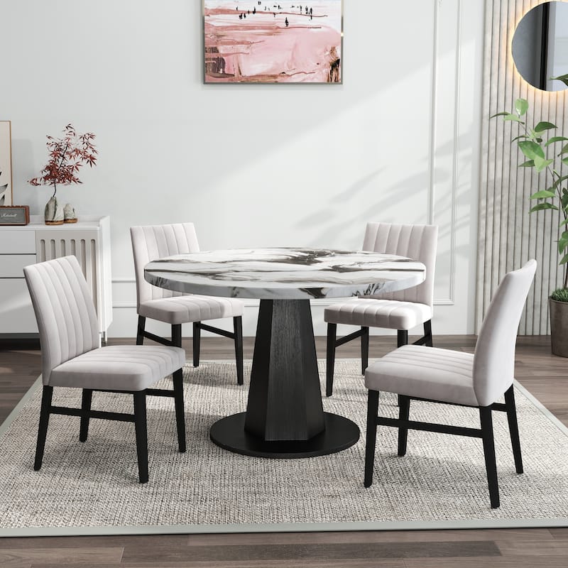 Roundhill Furniture Cavira 5-Piece Round Modern Dining Set - Off-White Table + 4 Tan Chairs
