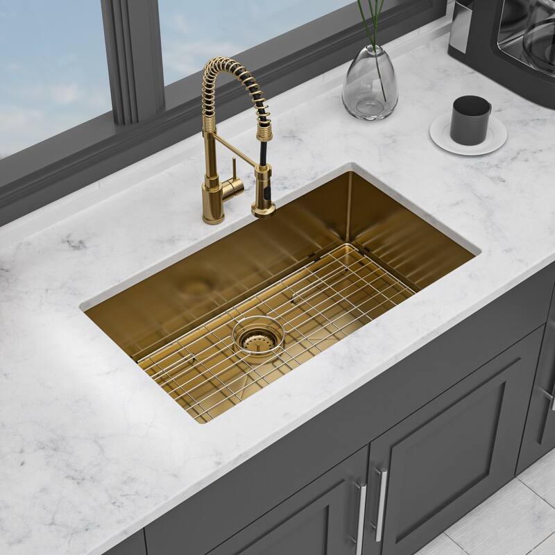 Undermount Gold Kitchen Sink - 32" x 19" Stainless Steel 16 Gauge Deep Single Bowl Sinks