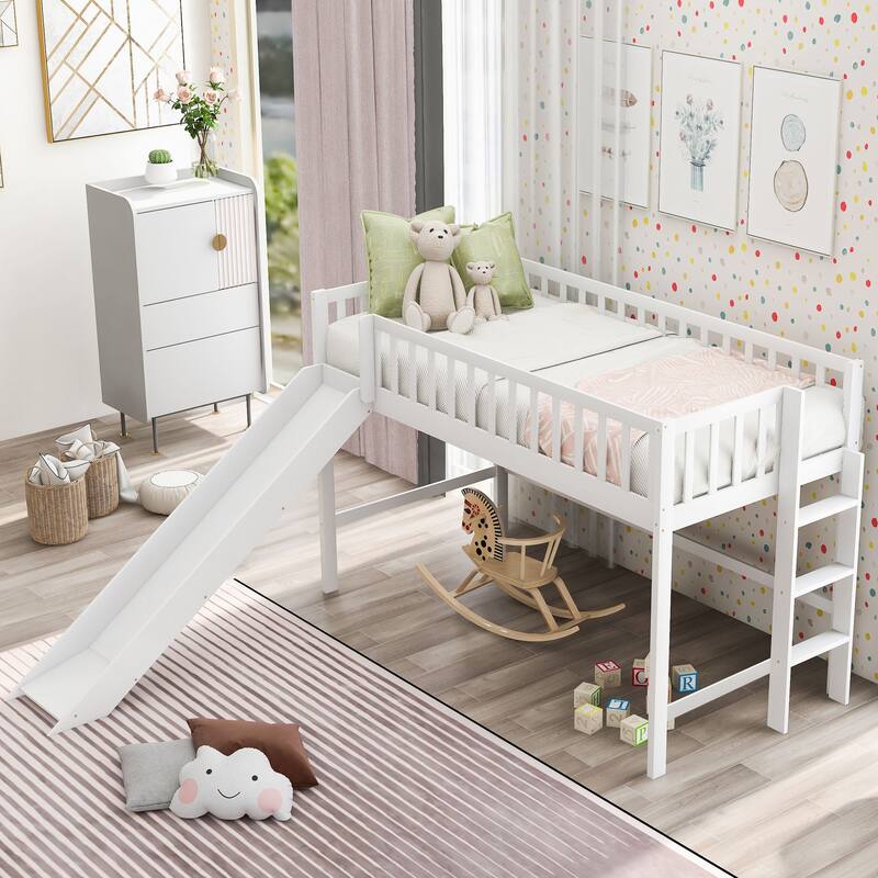White Twin Low Loft Bed with Removable Slide and Space-Saving Ladder