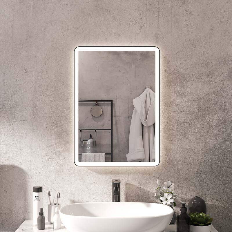Rectangular Angle Rounded Framed Super Bright LED Wall Mounted Bathroom Vanity Mirror in Matte Black