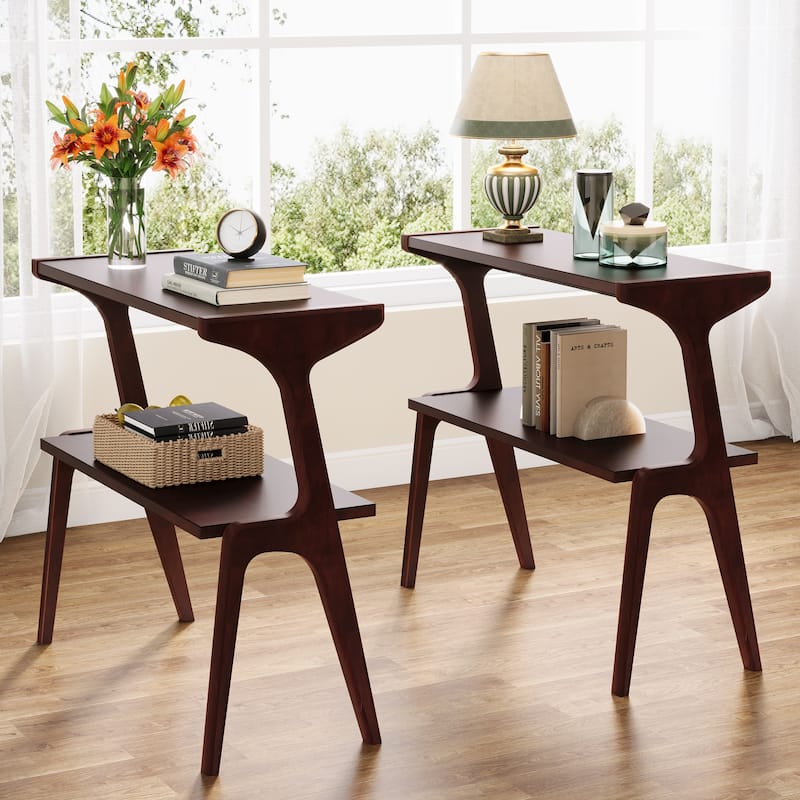 Wood 2-Tier Narrow End Side Chairside Table for Living Room - 2-Piece - Burgundy