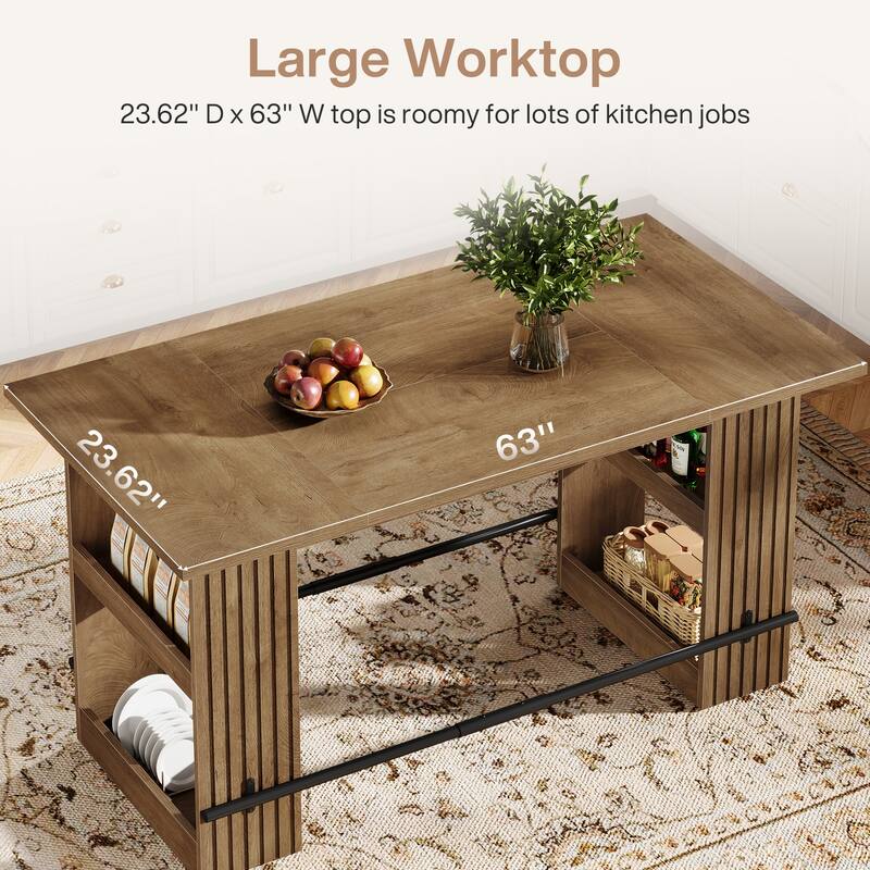 63 Inch Bar Table with Storage Shelves, Counter Height Pub Dining Table with Footrest - 62.99" L x 31.5" W x 37.4" H