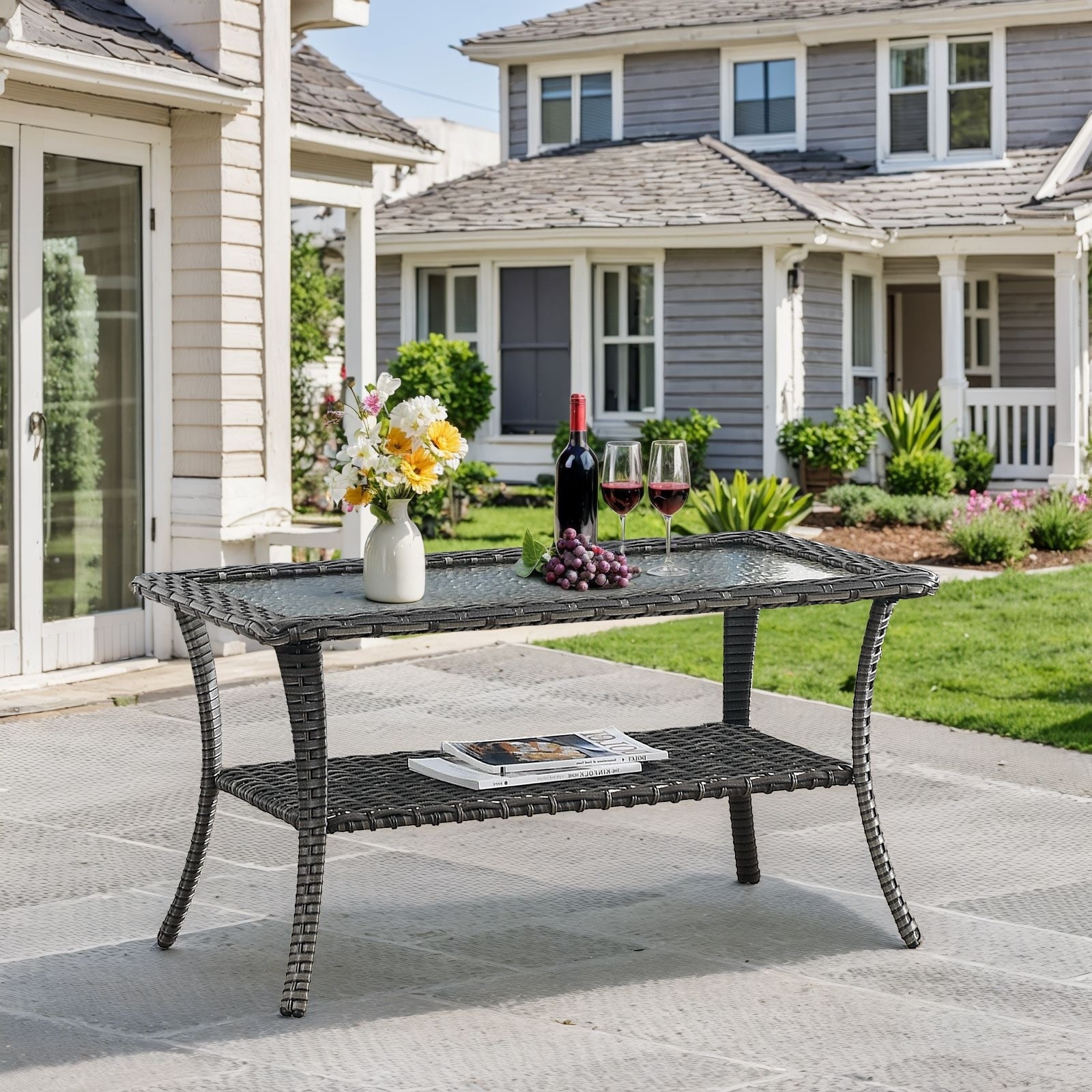 Outdoor Coffee Table with Tempered Glass Top -Grey