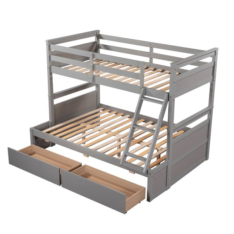 Twin over Full Bunk Bed with Storage in Gray, Space-Saving Design with Drawers
