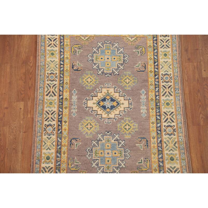 Geometric Brown Kazak Foyer Rug Hand-Knotted Wool Carpet - 2'8" x 4'3"