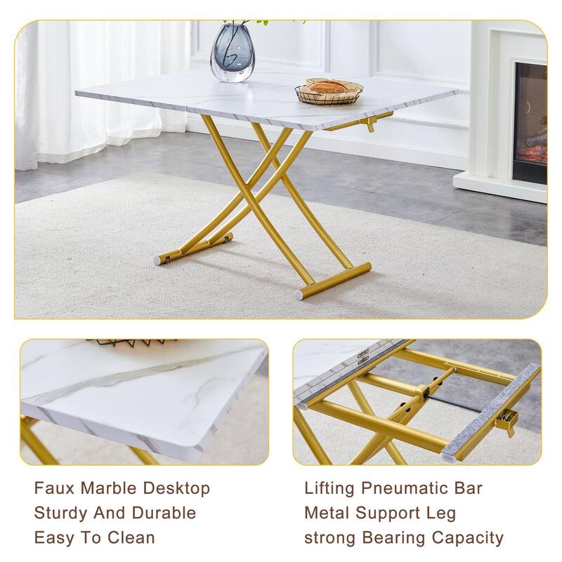 Modern multifunctional lifting platform, wood textured sticker MDF desktop, metal legs. with 4 dining chairs