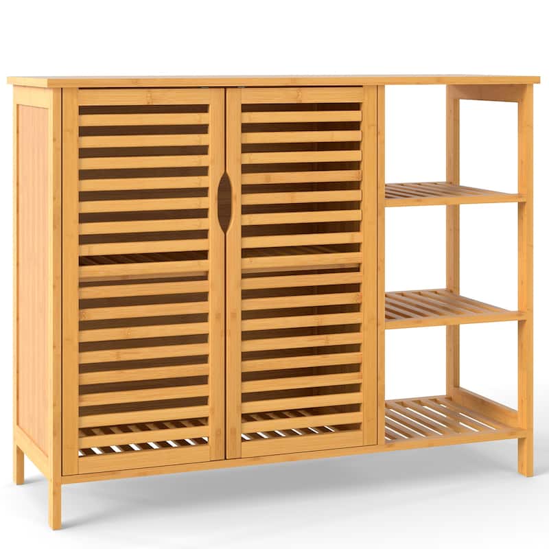 39.5" Natural Wicker Bathroom Storage Cabinet with Open Shelves and 2-Door for Kitchen or Living Room - 39.5" x 14" x 31.5"