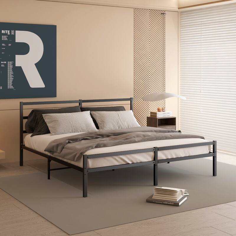 King Size Metal Platform Bed Frame with Headboard, Sturdy Construction,Heavy-Duty Metal Slats