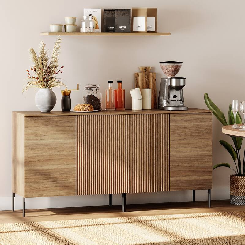 31.5" Wooden Reeded Sideboard With 2 Doors, Modern Credenza Storage Cabinet