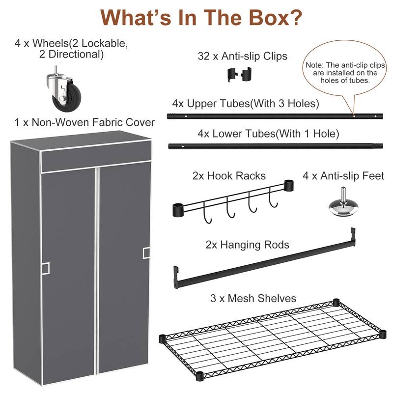 Grey Galvanized Tubes 2-Tier Covered Wardrobe Rack with Wheels and Hooks - 35.43x17.13x72.44in