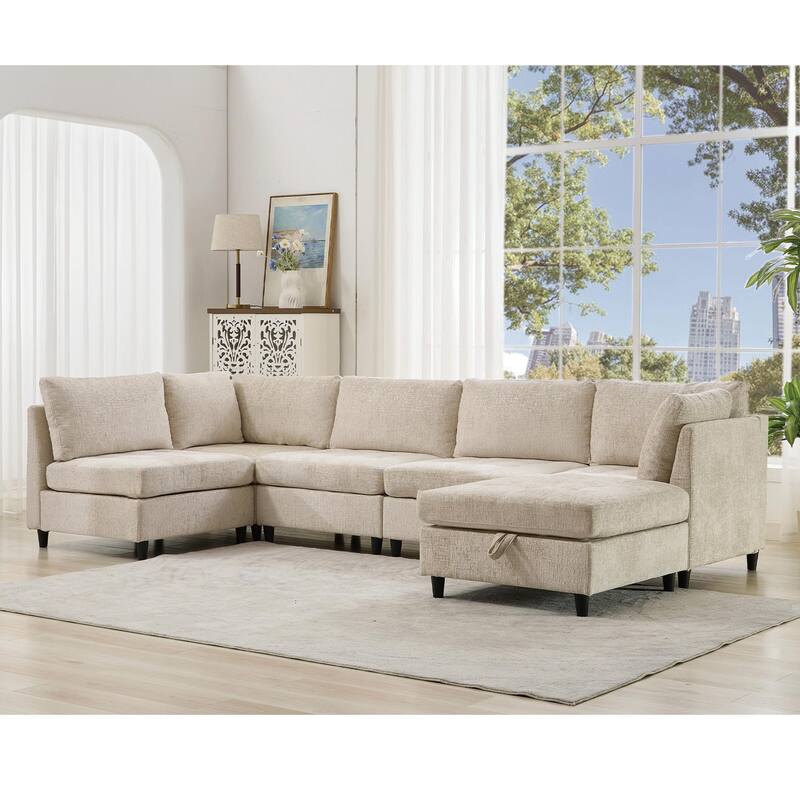 128" Chenille U-Shaped Modular Sectional Sofa with Ottoman
