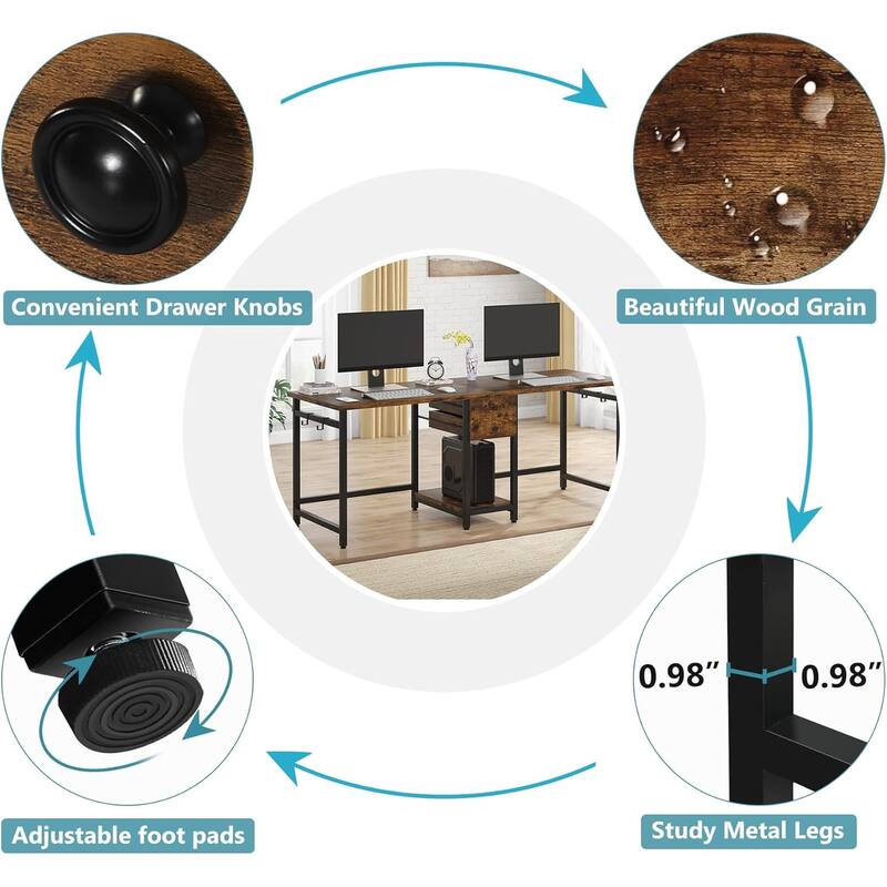 79-Inch Two Person Computer Desk with Drawers and Storage Shelves, Rustic Brown