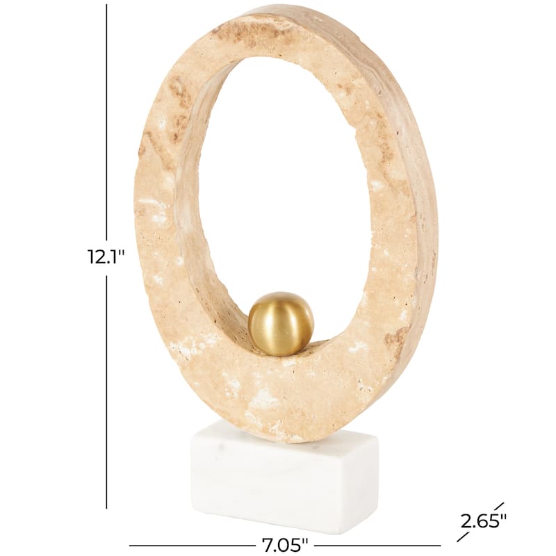 Cream Marble Oval Abstract Decorative Sculpture with Gold Ball and White Base