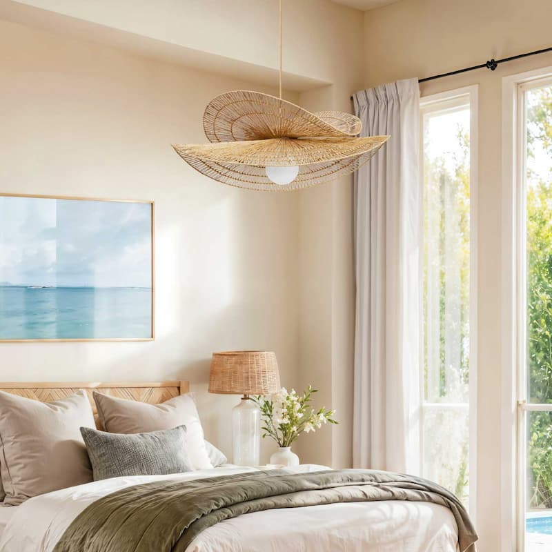 Whisper Rattan Pendant Light Natural Large Sculptural 1-Light Handwoven Light Fixture For Modern, Coastal, Farmhouse Room Décor.