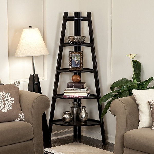 5 Tier Corner Shelf Stand Wood Display Storage Home Furniture Black