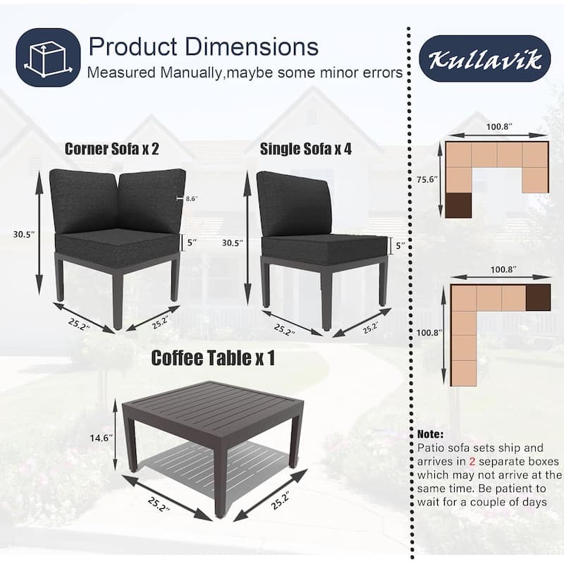 Kullavik 7 Piece Outdoor Furniture Set, Modern Metal Sectional Sofa with Thick Cushions and Coffee Table