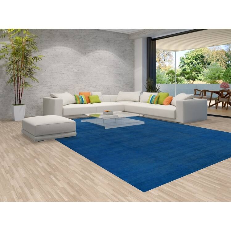 Hand Knotted Oriental 100% Wool Carpet Modern Solid Navy Blue & Blues Gabbeh Area Rug - 13' 10'' X 10' 2''
