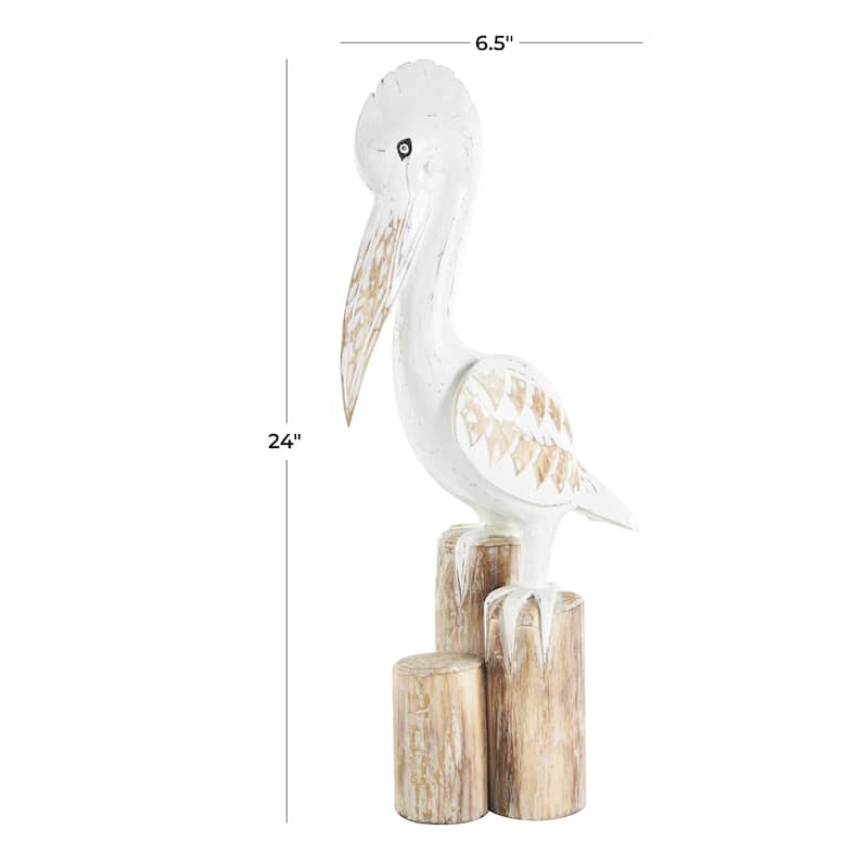 Wood Pelican Handmade Distressed Decorative Sculpture with 3 Brown Posts - White - Roche River Decor