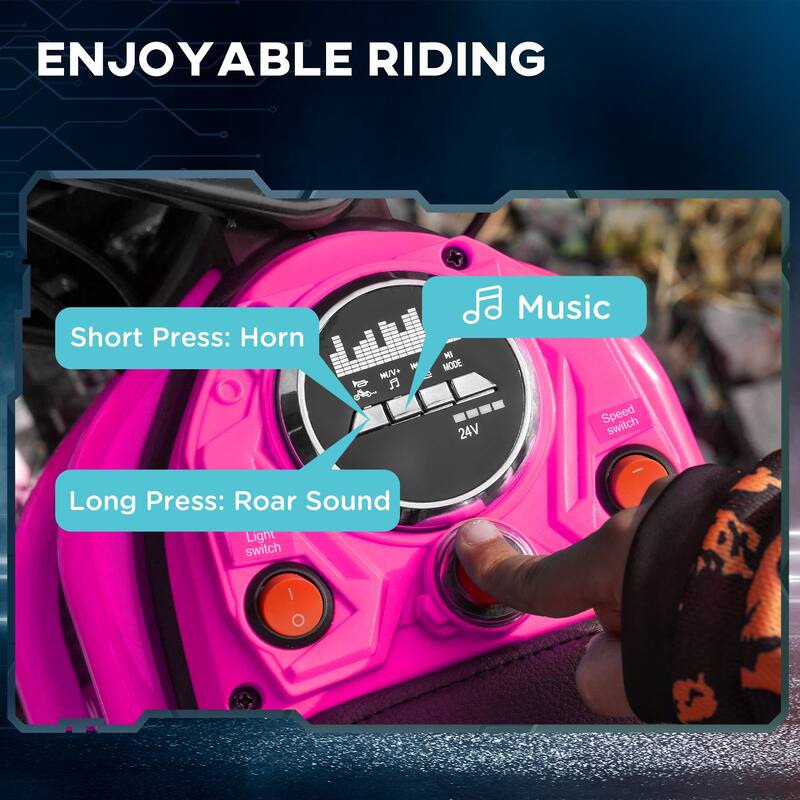 24V Teen Electric Motorcycle with Manual Throttle, Music, Horn, Pneumatic Wheels, 6.2-14.9 mph Speed, for Ages 13+