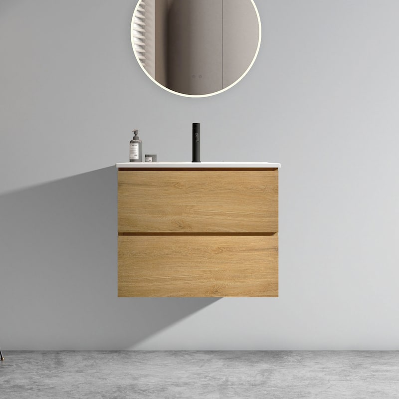 Modern Wall Mounted Bathroom Vanity with Ceramic Sink with 1 Faucet Hole - Oak