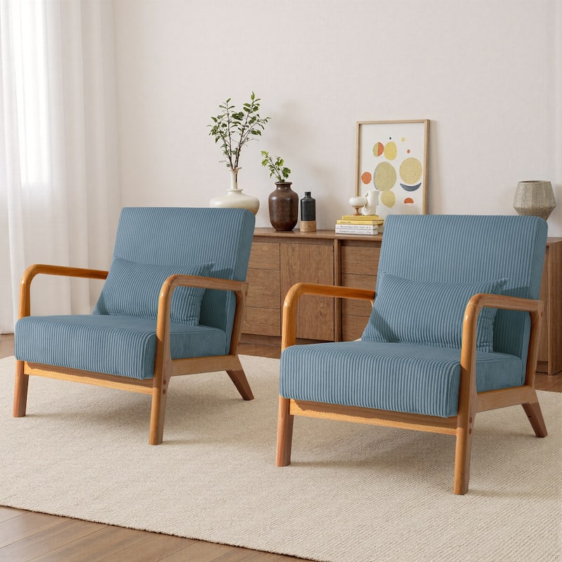 25" W Mid Century Upholstered Wood Accent Chair with Pillow set of 2 - Dark Wood - Blue