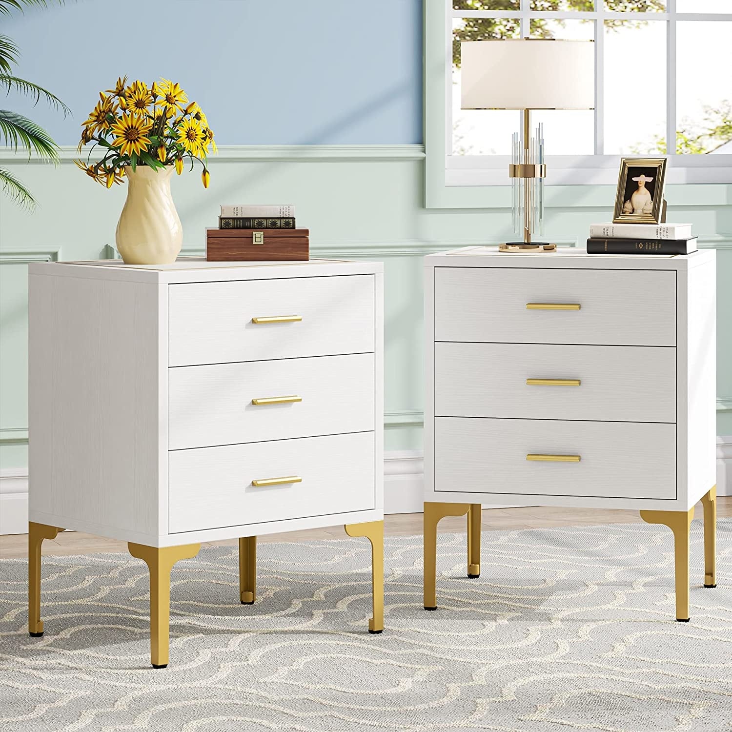 Gray nightstand outlet with gold hardware
