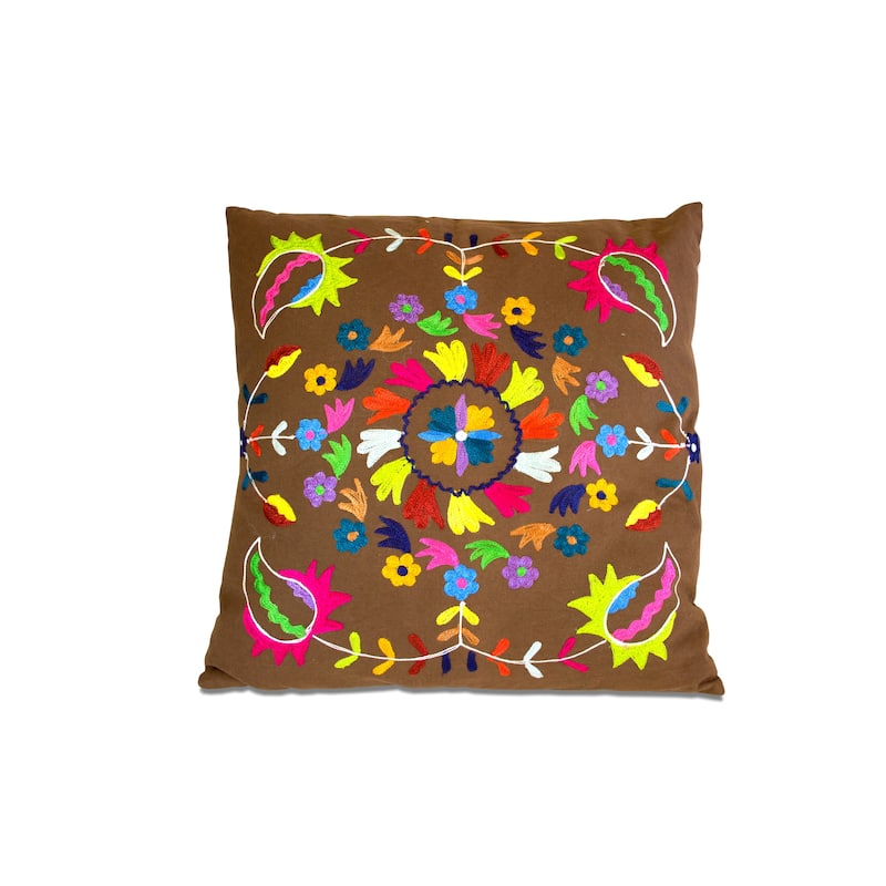 Set of Two 20" Brown And Pink Floral Cotton Throw Pillows with Embroidery