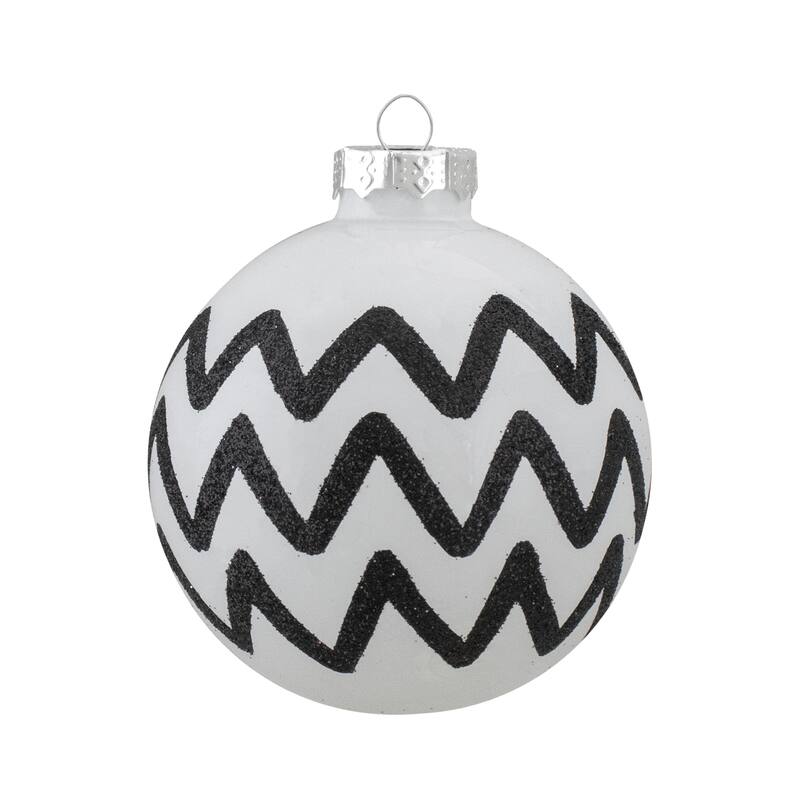 4ct Black and White Zig Zag and Checkered Christmas Glass Ball Ornaments 2.75" (67mm)