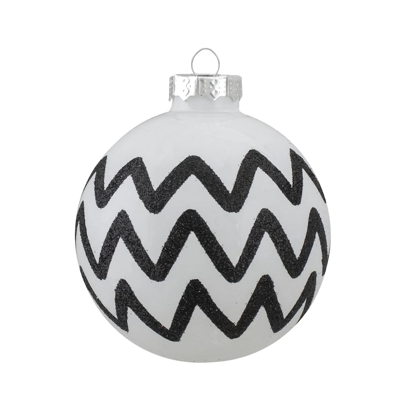 4ct Black White Zig Zag Checkered Christmas Glass Ornaments 2.75"