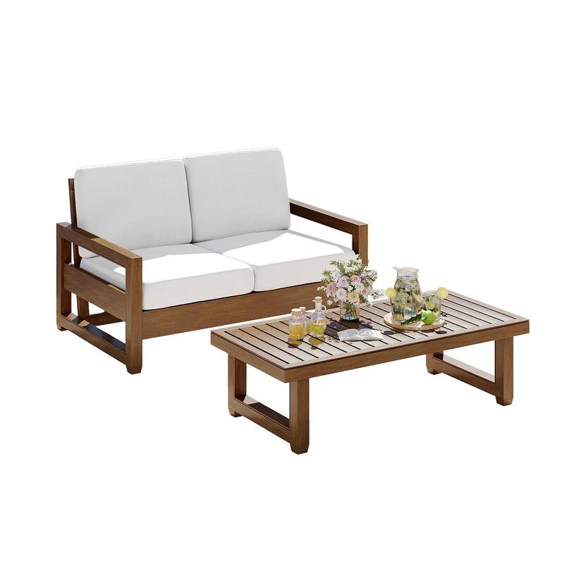 Teak Loveseat Patio Set with Cushions and Table (2-Piece)