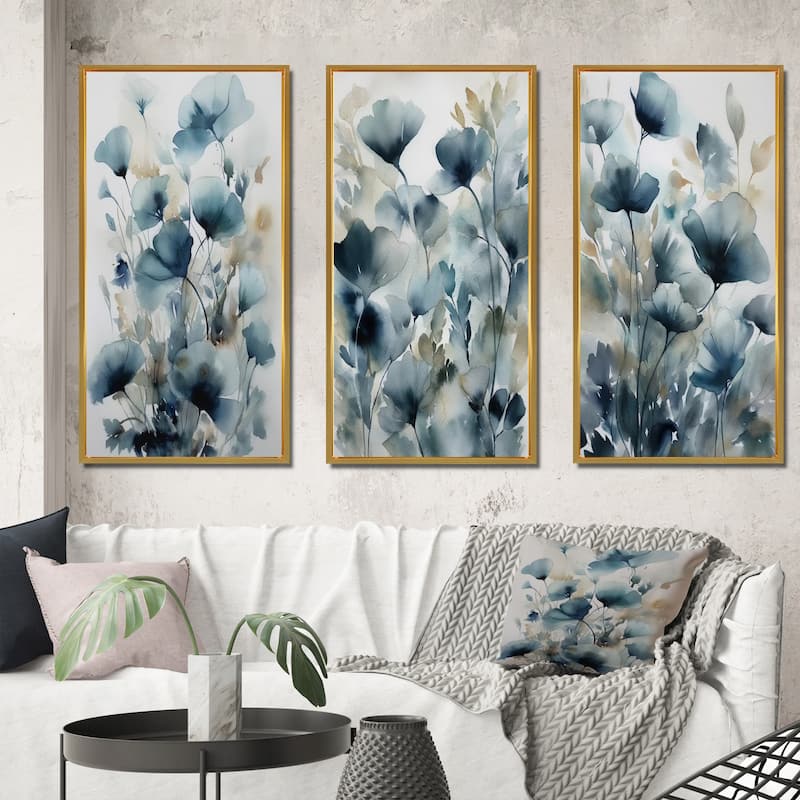 Designart "Blue Leaf Foliage And Flowers III" Floral Leaves Framed Wall Art Set Of 3 For Home Decor - 50 in. wide x 32 in. high - 3 Panels - Gold