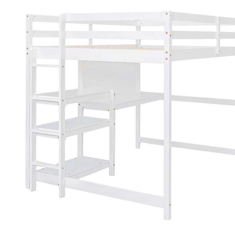 Full Size Wooden Loft Bed with Shelves, Desk, and Writing Board in White