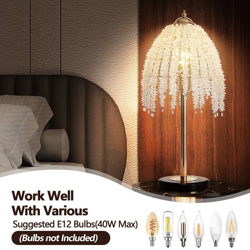 19"(H) Elegant Crystal Table Lamp - Vintage Waterfall Design with Crystal Bead String Shades and Marble Textured Base