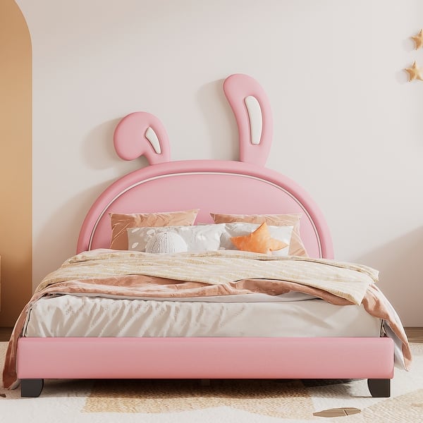 slide 2 of 9, Full Size Upholstered Leather Platform Bed with Rabbit Ornament, Pink Pink - Full