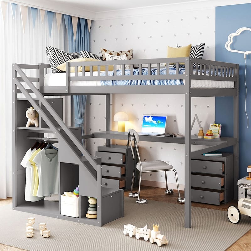 Twin/Full Size Loft Bed with Desk and Light Strip, Storage Bed Frame with Two Chest of Drawers & Clothes Hanging Rod - Full - Grey