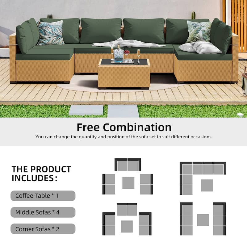Patio Watcher 7-Piece Patio Yellow Wicker Sectional Seating Group with Cusions and Side Table