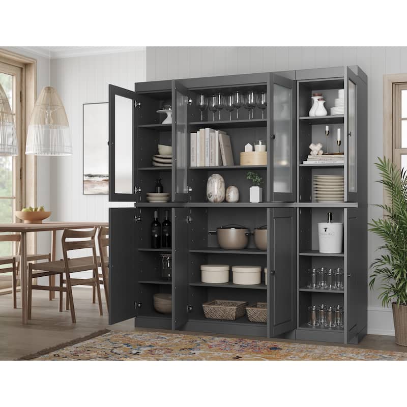 100% Solid Wood 65" Pantry China Cabinet with Solid, Frosted Glass Doors and Adjustable Shelves