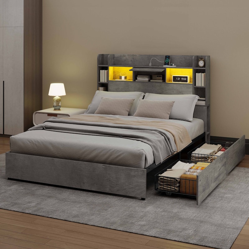 Moasis Queen/King Size Bed Frame with Bookcase Headboard and 4 Storage Drawers