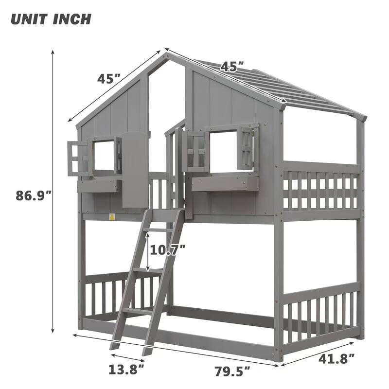 Roomfitters Twin over Twin House Bunk Bed with Roof, Window, Window Box and Door, Safety Guardrails and Ladder