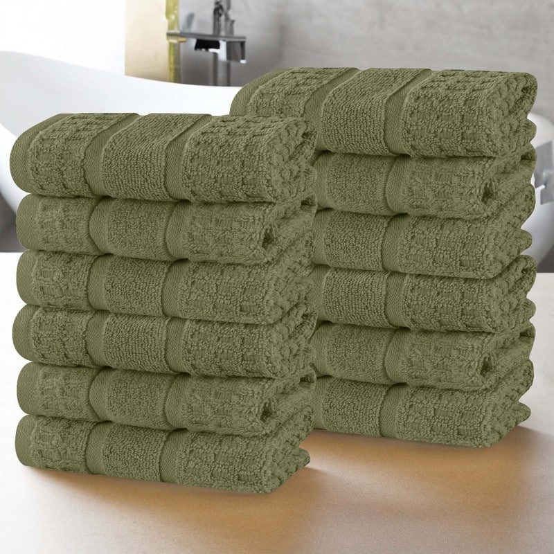 Superior Napa Zero Twist Cotton Waffle Face Towel Washcloth Set of 12 - Forest Green