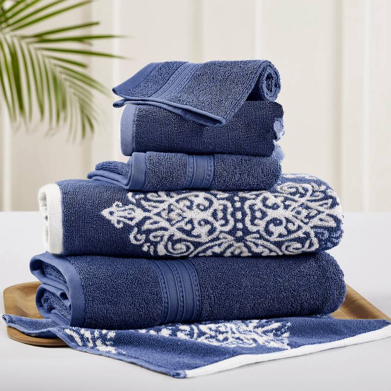 Modern Threads Artesia Damask 6 Piece Yarn Dyed Jacquard Towel Set - Indigo