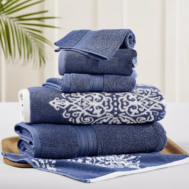 Modern Threads Artesia Damask 6 Piece Yarn Dyed Jacquard Towel Set - Indigo