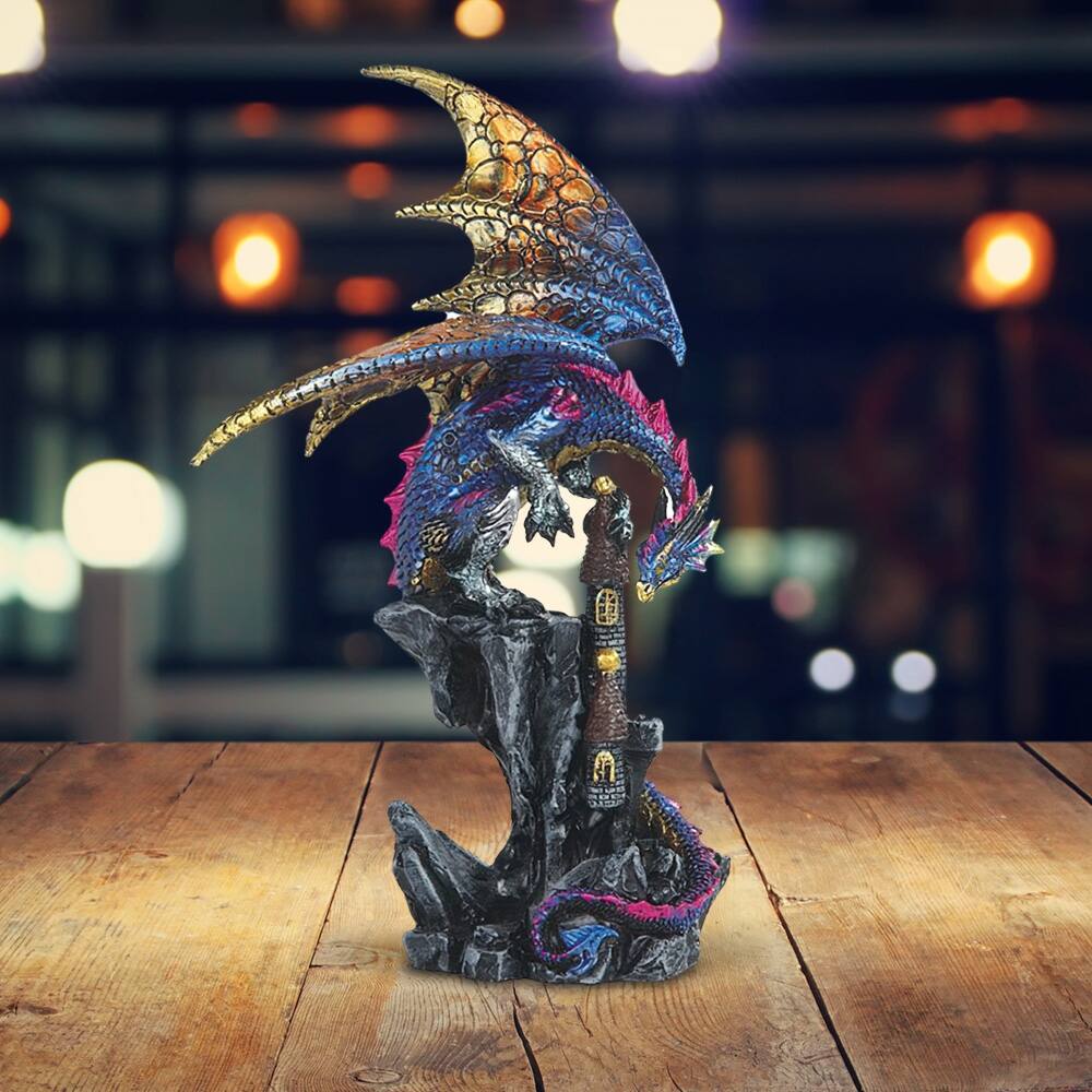 ICE ARMOR 8.5"H Medieval Blue Dragon on Castle Figurine