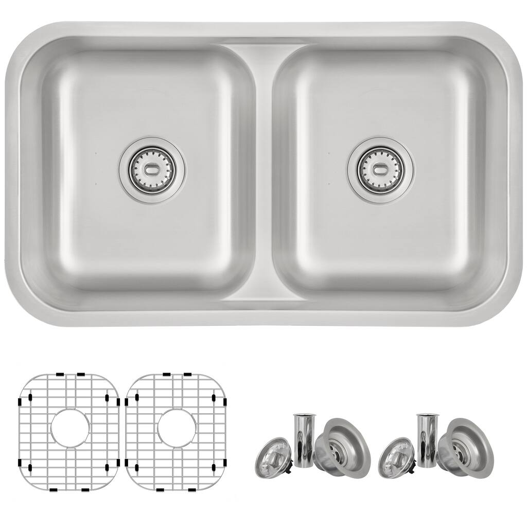 STYLISH 32.25 inch Low Divider Double Bowl Undermount and Drop-in Kitchen Sink - 32.25" x 18.9" x 9"