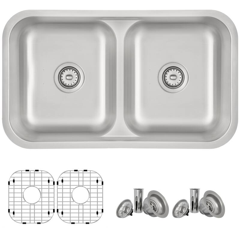 STYLISH 32.25 inch Low Divider Double Bowl Undermount and Drop-in Kitchen Sink - 32.25" x 18.9" x 9"