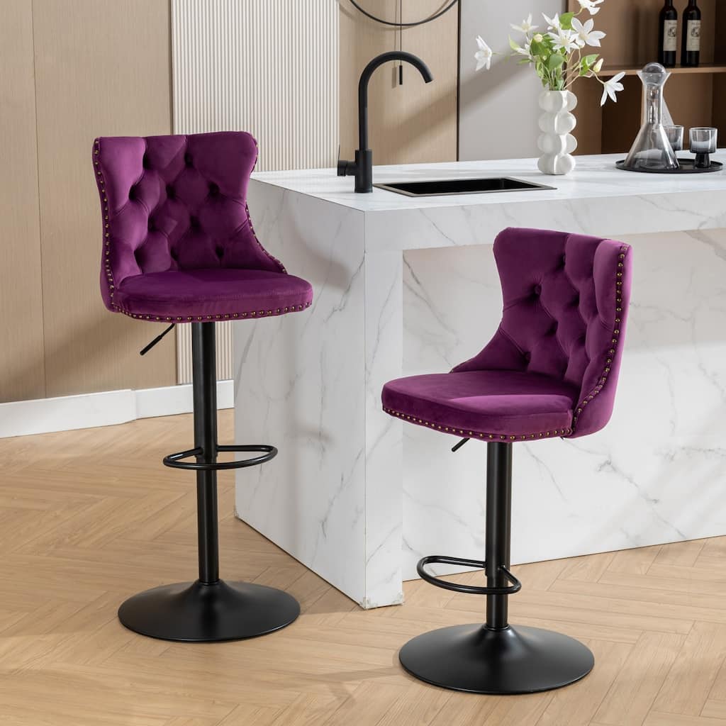 Set of 2 Swivel Velvet Bar Stools with Tufted Back, Adjustable Height 25-33" for Kitchen Island & Pub - Purple